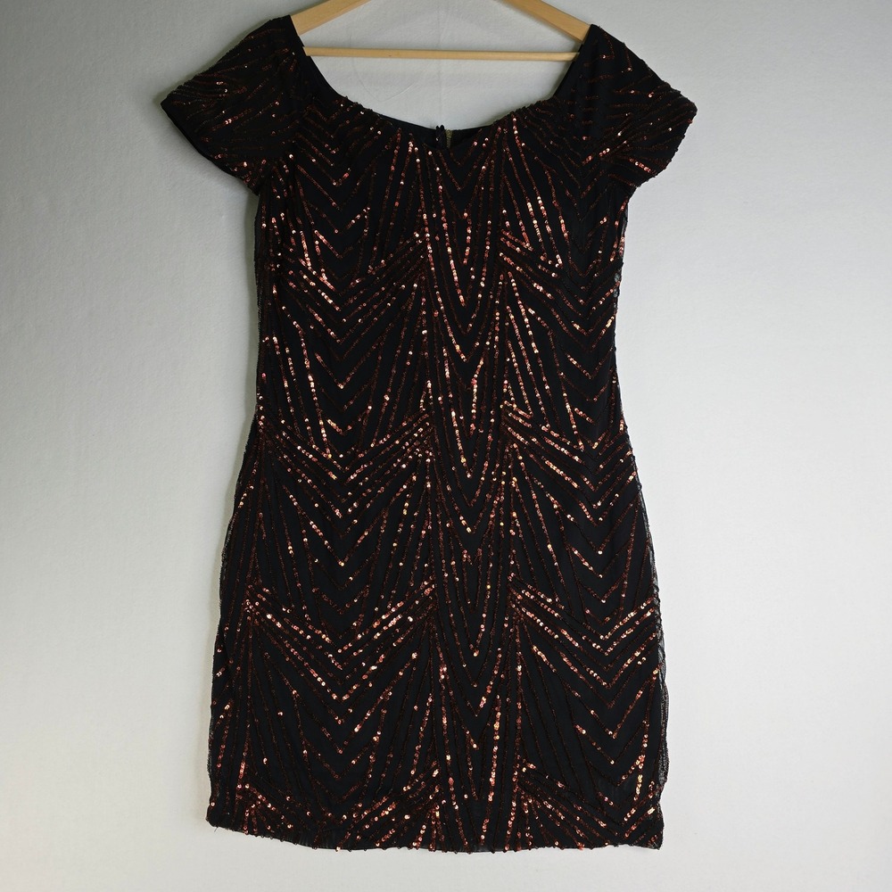 Iris Black Copper Sequin Chevron Bodycon Mini Dress Short Sleeve Medium - Picture 1 of 9